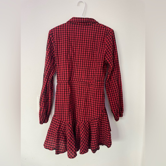 Gingham Drawstring Waist Ruffle Hem Shirt Dress - Picture 6 of 7